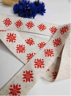 Лента отделочная Лён бел. орнамент 30мм. (лён/красный), Р.90953П